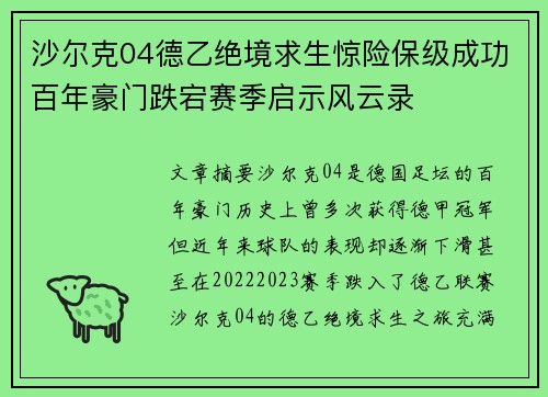 沙尔克04德乙绝境求生惊险保级成功百年豪门跌宕赛季启示风云录